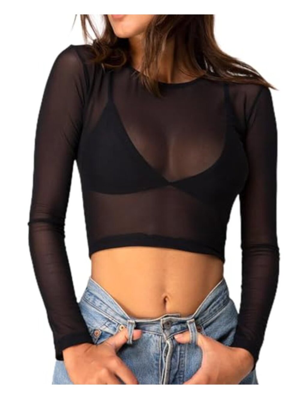 Women Mesh Crop Top Sheer Long Sleeve Crewneck Pull On Lingerie Clubwear